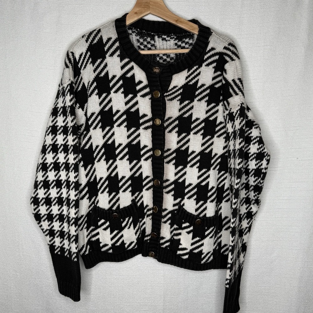 Vintage Houndstooth Cardigan Sweater Womens XL Oversized‎ Gold Buttons Old Money